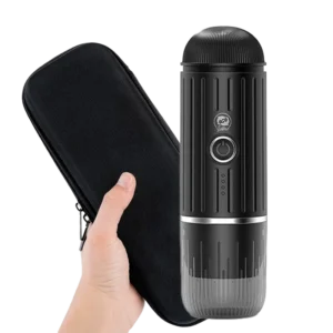 Hordozható akkumulátoros kávéfőzőgép beépített vízmelegítővel, hordtáskával, fekete